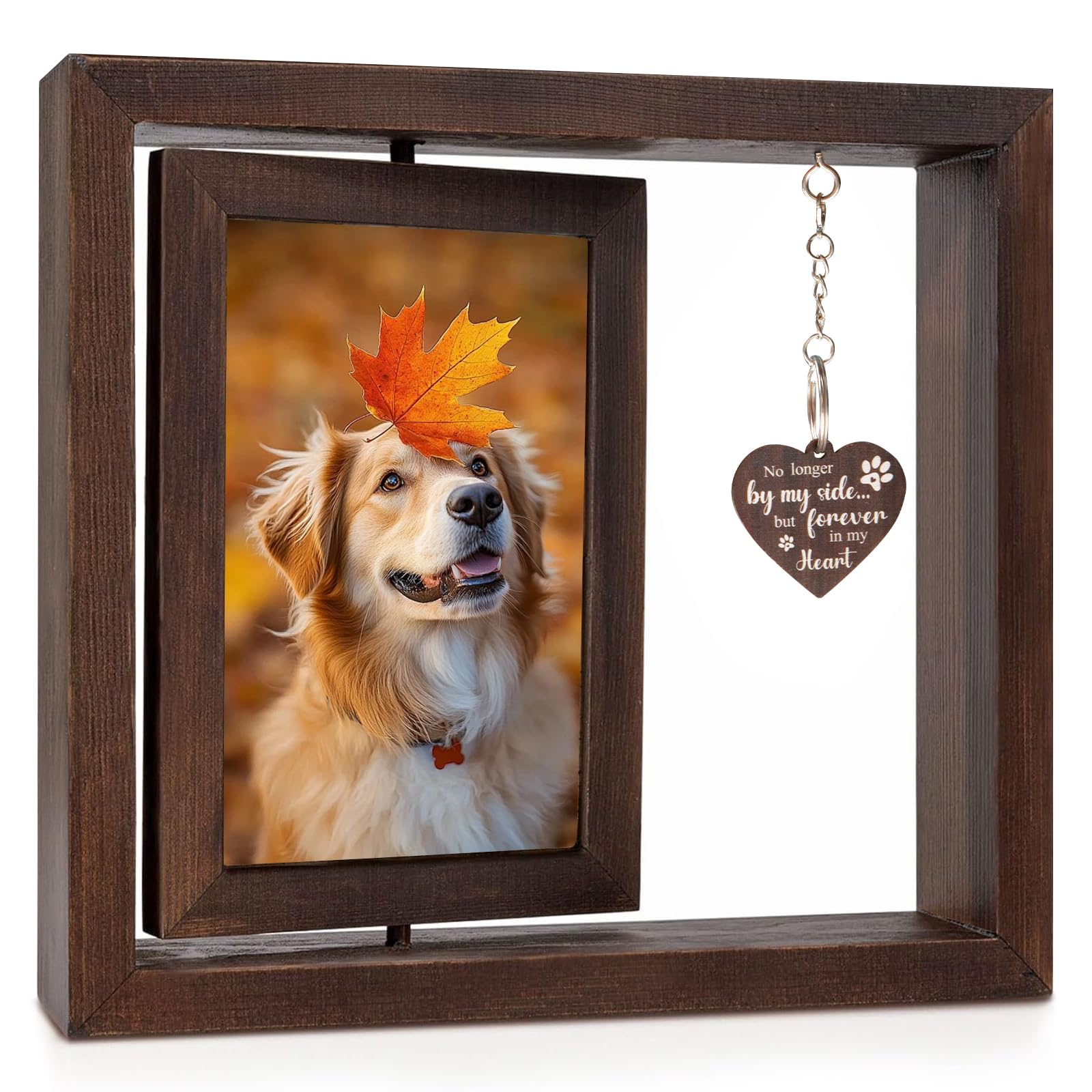 Dog Memorial Photo Frame with Heart pendant, Loss of Dog Bereavement Gift, Wooden Rotating Double 4x6 Picture Frame, Pet Memorial Photo Frame, Cat Dog Remembrance Gifts (Foreven in my Heart)