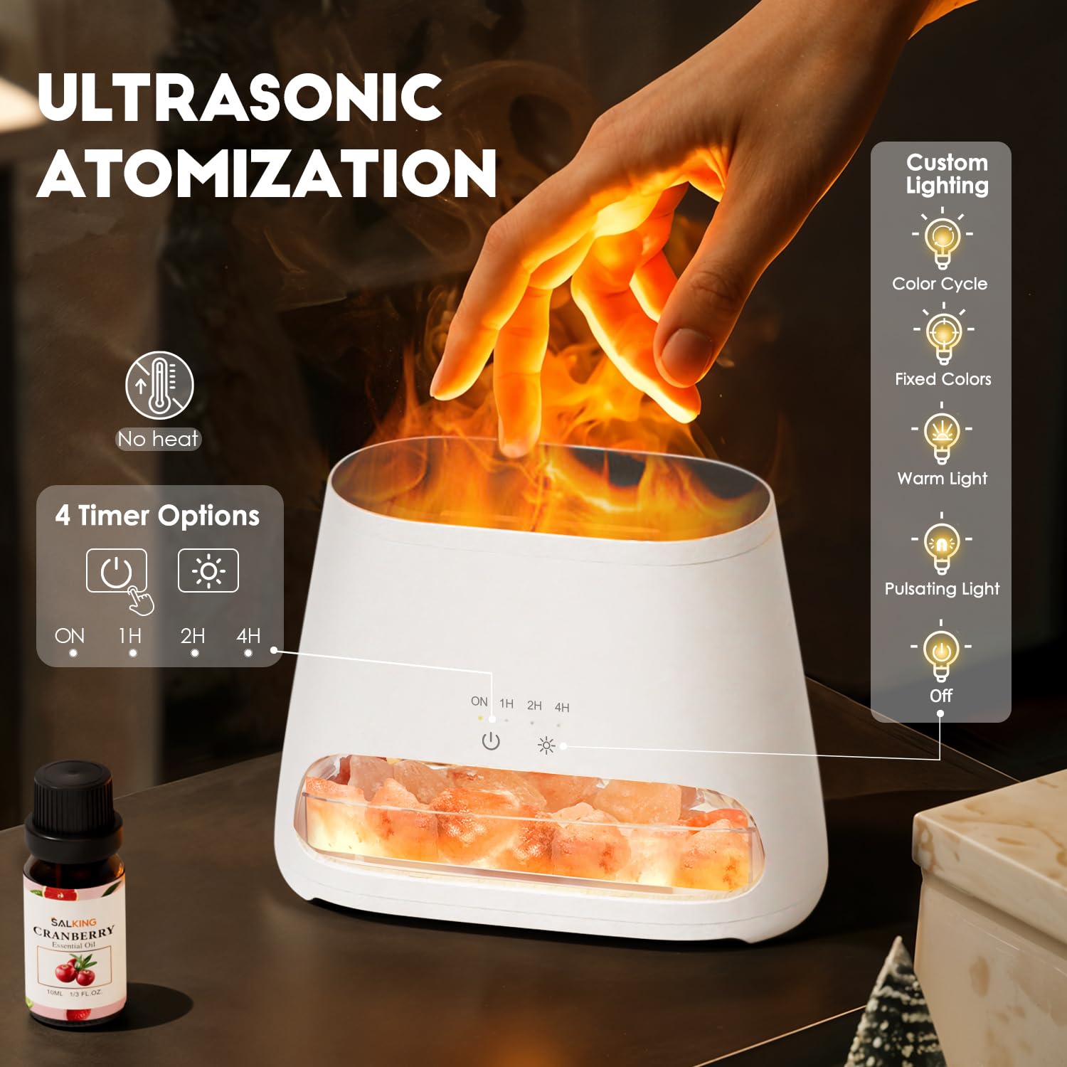 SALKING Dyfuzor zapachowy z lampą Salt Range Pakistan, 7 kolorów LED, efekt płomienia, dyfuzor do olejków eterycznych, ultradźwiękowy nawilżacz powietrza, automatyczne wyłączanie, 150 ml (biały RGB)