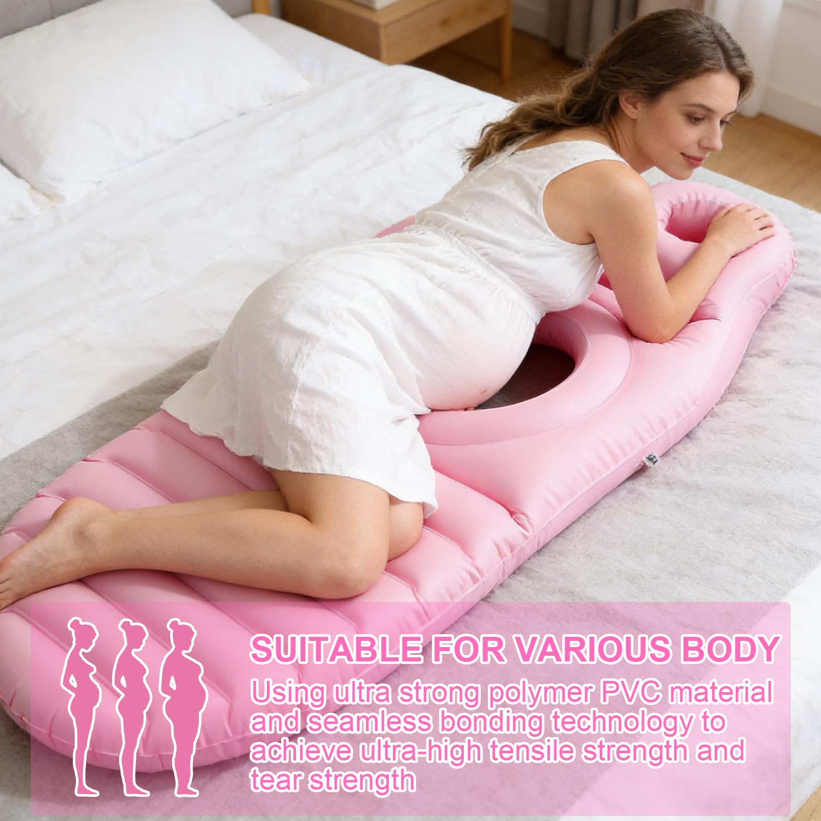 Luftmatratze Schwangere, Aufblasbares Schwangerschaftskissen mit Loch, Beflockte PVC Bauchliegematte, Rosa