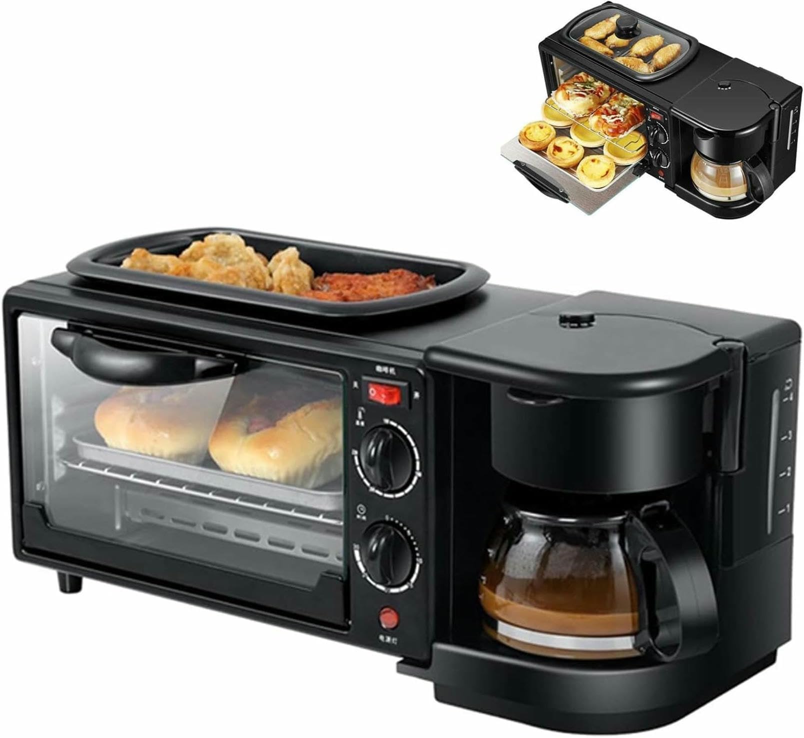 Four grille-pain à 4 tranches 3 en 1 compact avec cafetière et plaque de cuisson