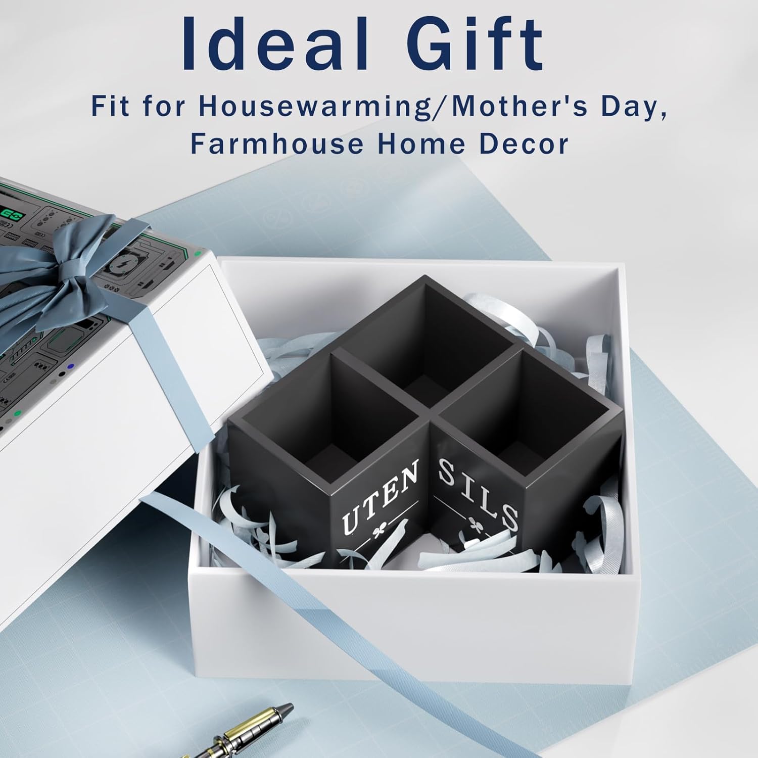 Natheeph Utensil Holder, Kitchen Utensil Holder for Counter, Extra Large Utensil Holder w/ 3-Compartment, Farmhouse Black Utensil Holder with Well-made Wood for Corner Organizer, Housewarming Gift