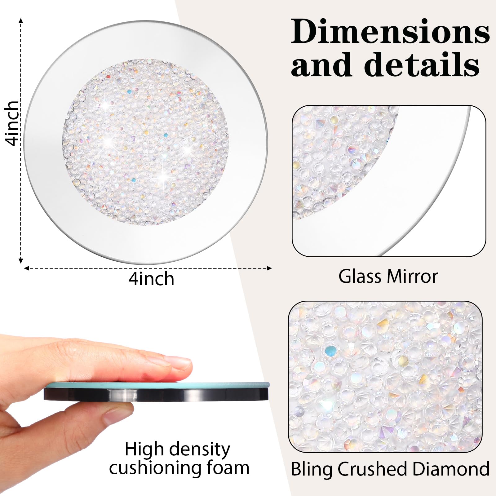 Jetec Mirrored Glass Coaster Set of 6 with 1 Holder 4" Crushed Diamond Round Cup Mat Glitter Crystal Rhinestone Glass Coaster Bling Table Decor for Bar Kitchen Gift for Christmas(White,4 Inch) - Image 2