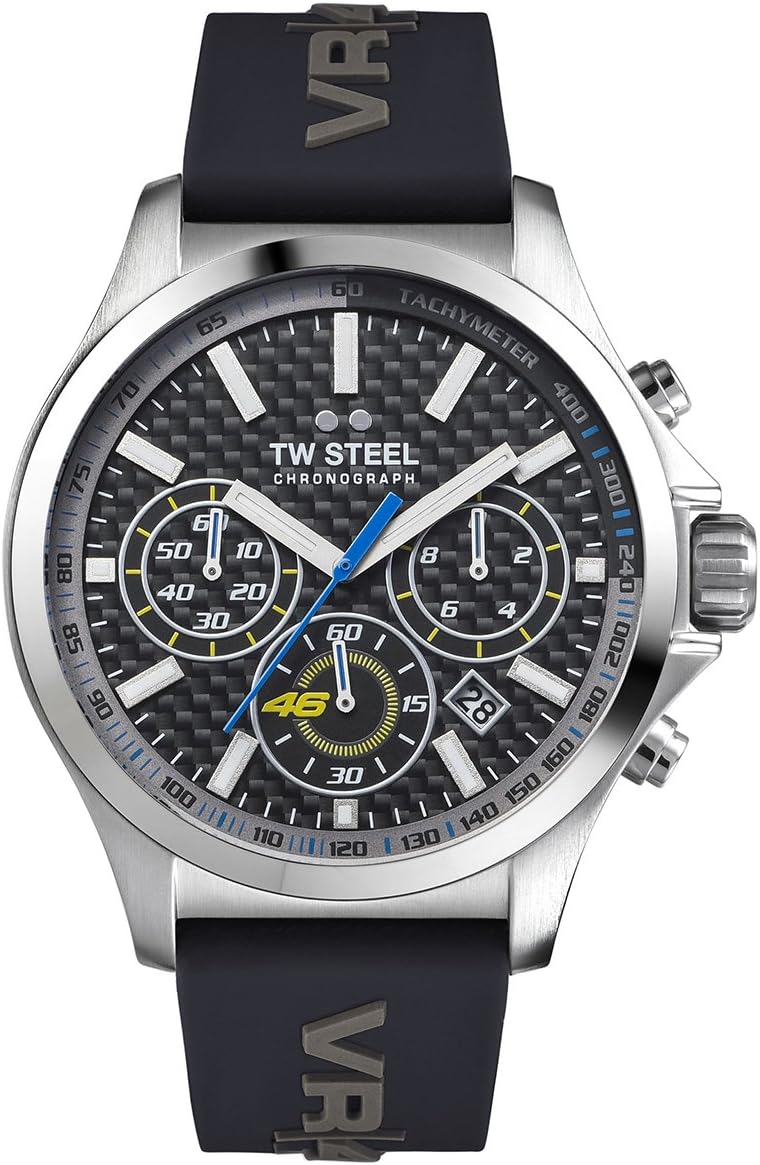 En angle view of the TW Steel TW938 watch, highlighting the watch face and the black silicone strap with 'VR46' embossed.