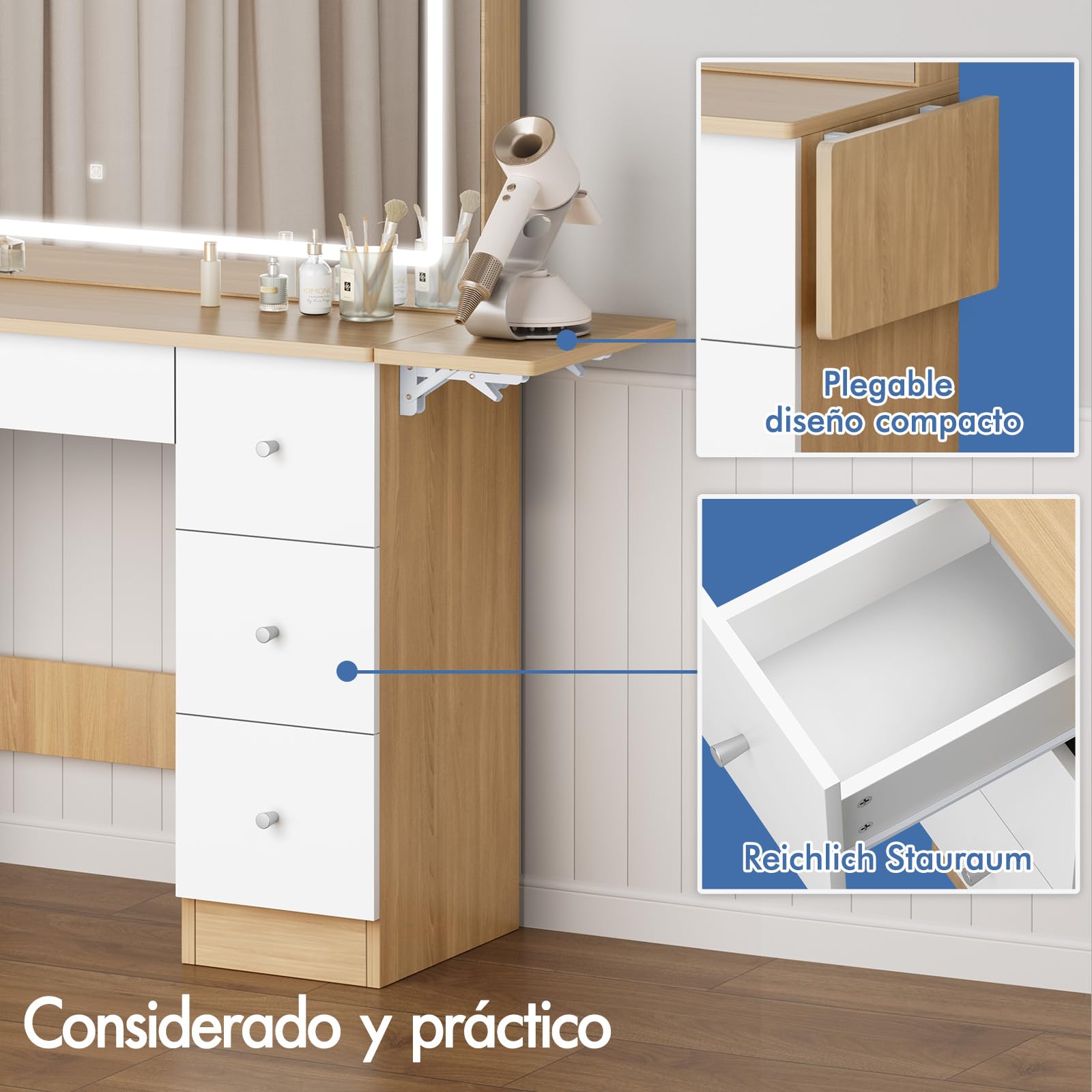 ALFORDSON Tocador con Espejo e iluminación, Juego de tocador de 90 cm con 4 cajones y Taburete de Almacenamiento, Luces LED Ajustables, tocador para Dormitorio de Mujeres y niñas, Madera