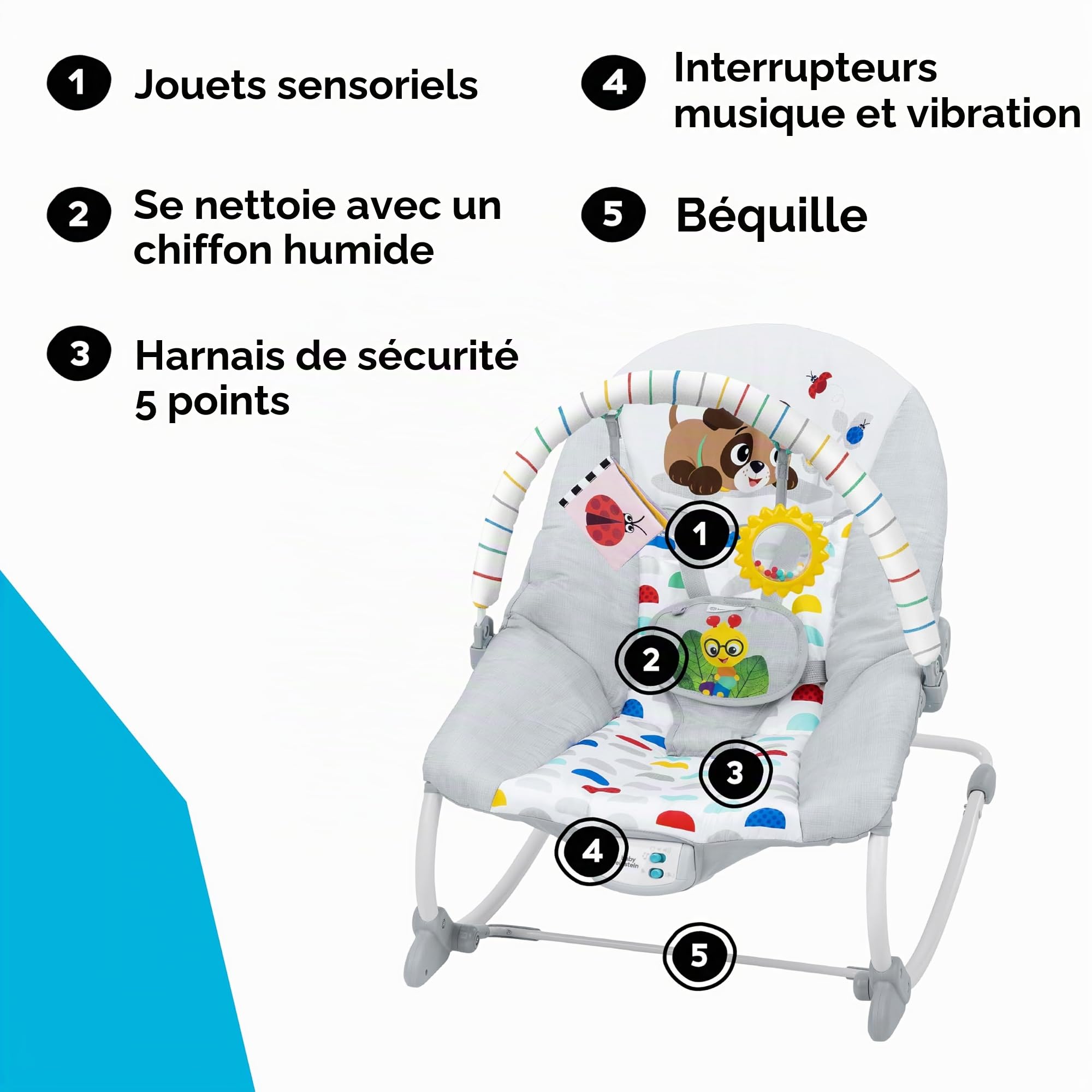 Baby Einstein, Transat Musical Dean's Discovery Spot, Transat 2-en-1 Bébé et Tout-Petit, Vibrations Apaisantes, Inclinaison 2 Positions, Jouets Amovibles, 0 Mois+, Max 18kg, 70x49x60 CM