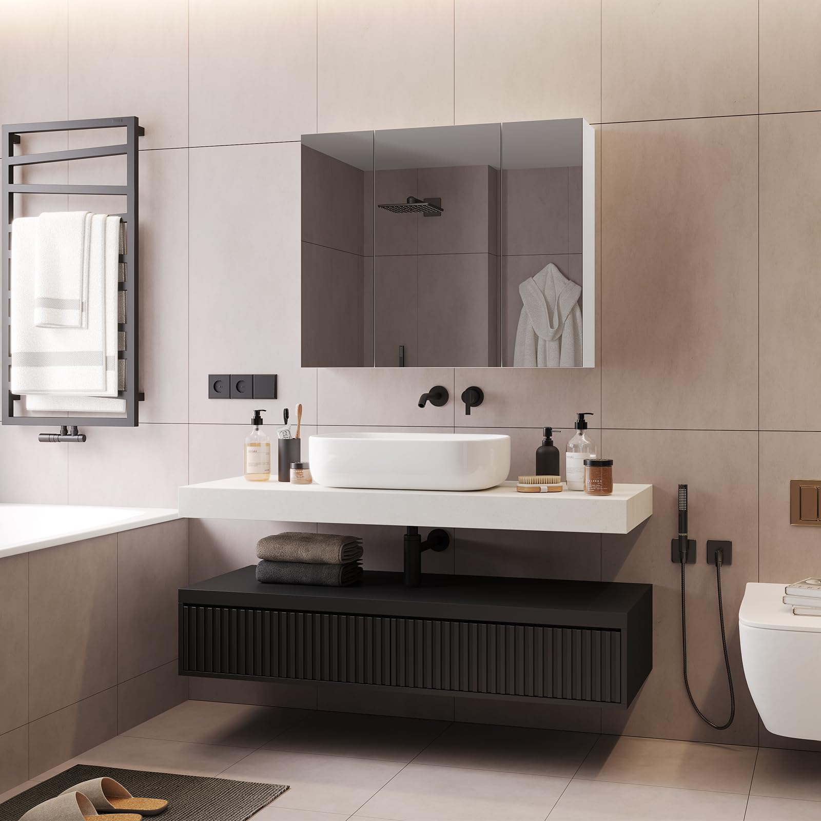 DICTAC Armario de Baño con Espejo 70x60x16cm Armario de Pared con 3 Puertas y Estantes Ajustable Espejo de Pared con Espacio Interno de Almacenamiento, 70cm Armario con Espejo para Baño,Blanco