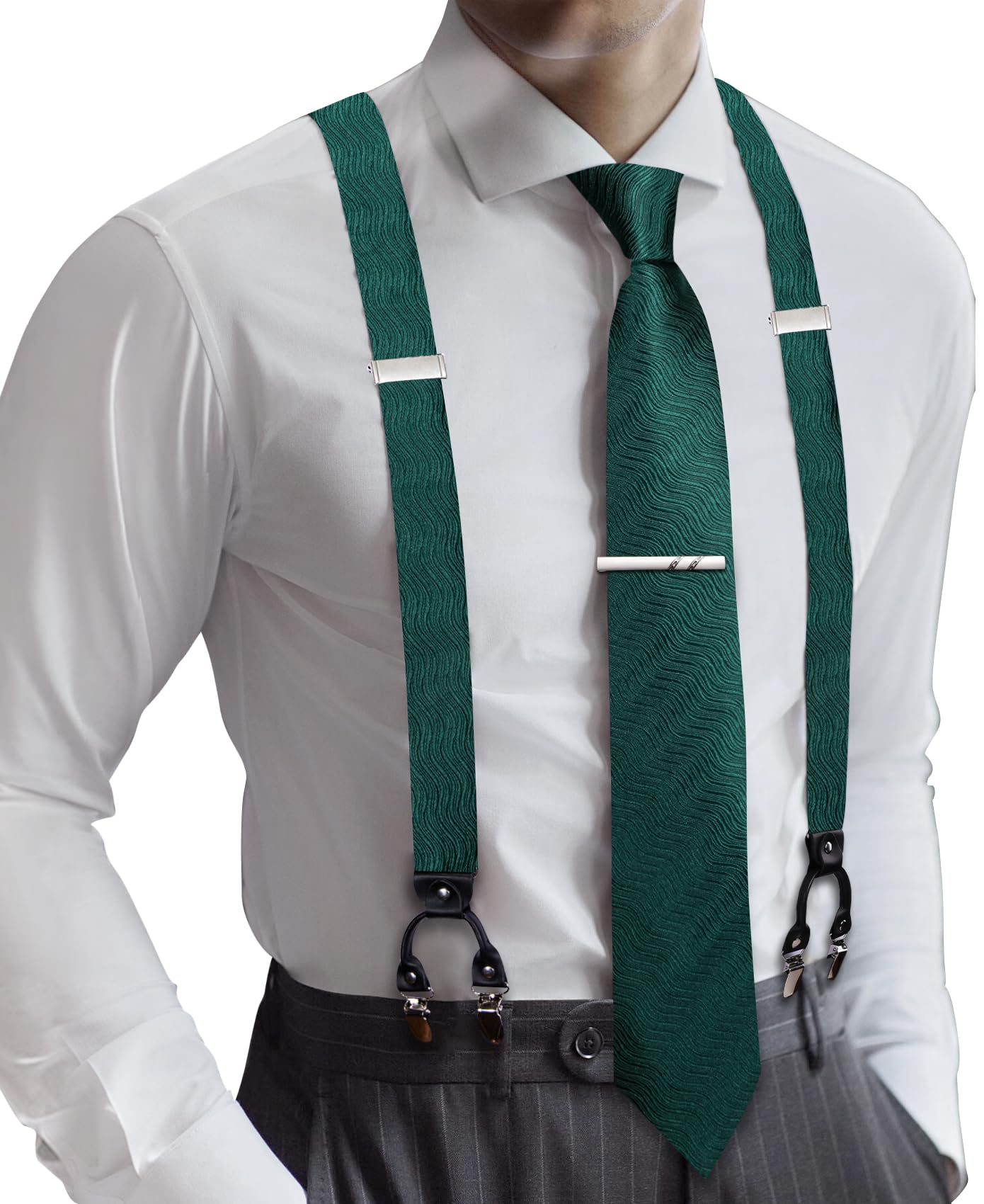 Barry.Wang Men Suspender Tie Sets Elastic Heavy 6 Clips Hanky Cufflink 5PCS | Classic Suspender Set for Man Necktie Y Type Adjustable Heavy Duty 6 Clips Braces Pocket Square Cufflinks Party