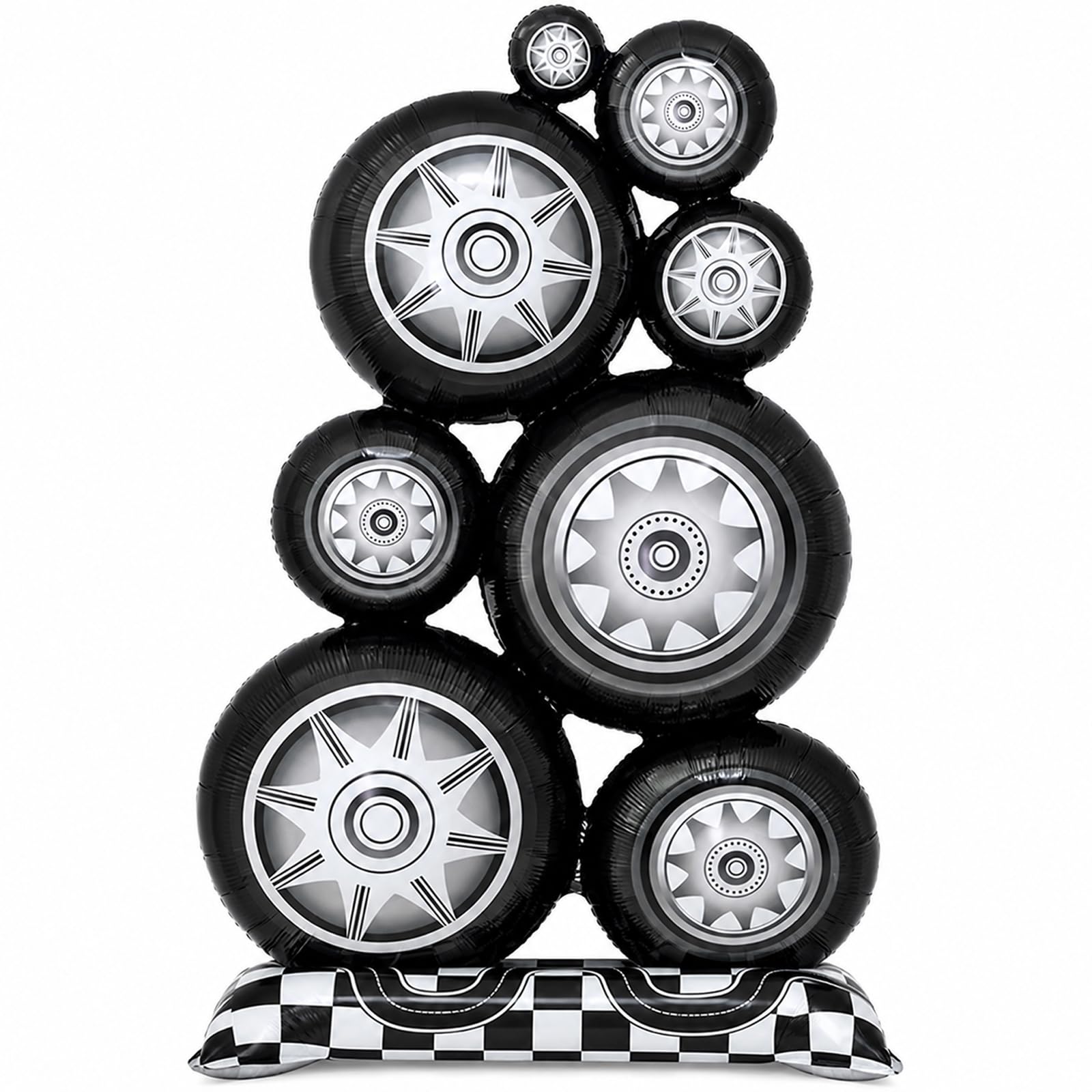 Bolosa Standing Racing Tyre Foil Balloon, 150 cm Large Car Wheel Centrepiece with Chequered Base