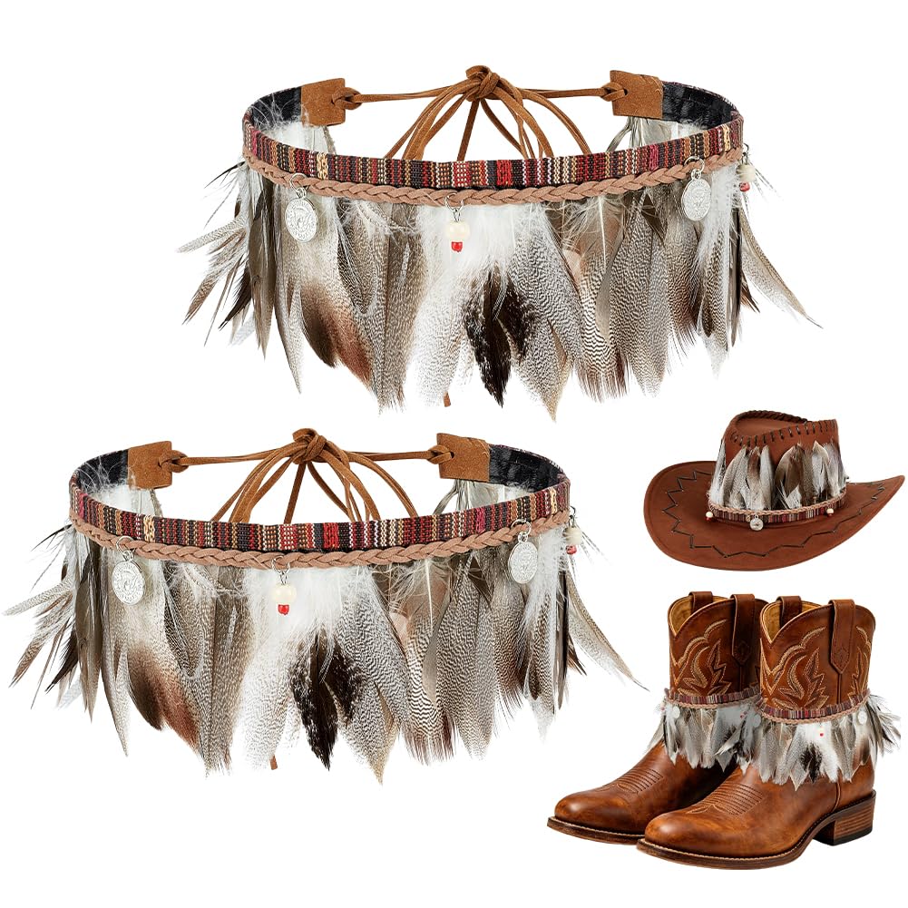 PH PandaHall Feather Hat Band for Cowboy Hats and Fedoras Bohemia Style Decorative Ribbon Belt Hatband Adjustable Western Style Fringe Boot Toppers with Feathers Charms Rustic Hat Decoration Brown