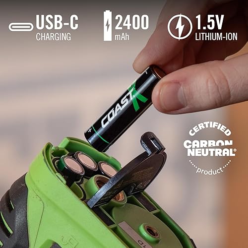 Miniatura 2 de Coast Baterías recargables AA USB-C, ZITHION-X, iones de litio 1.5 V 2400 mAh, larga duración, se carga menos de 2 horas, más de 1000 cargas, cable
