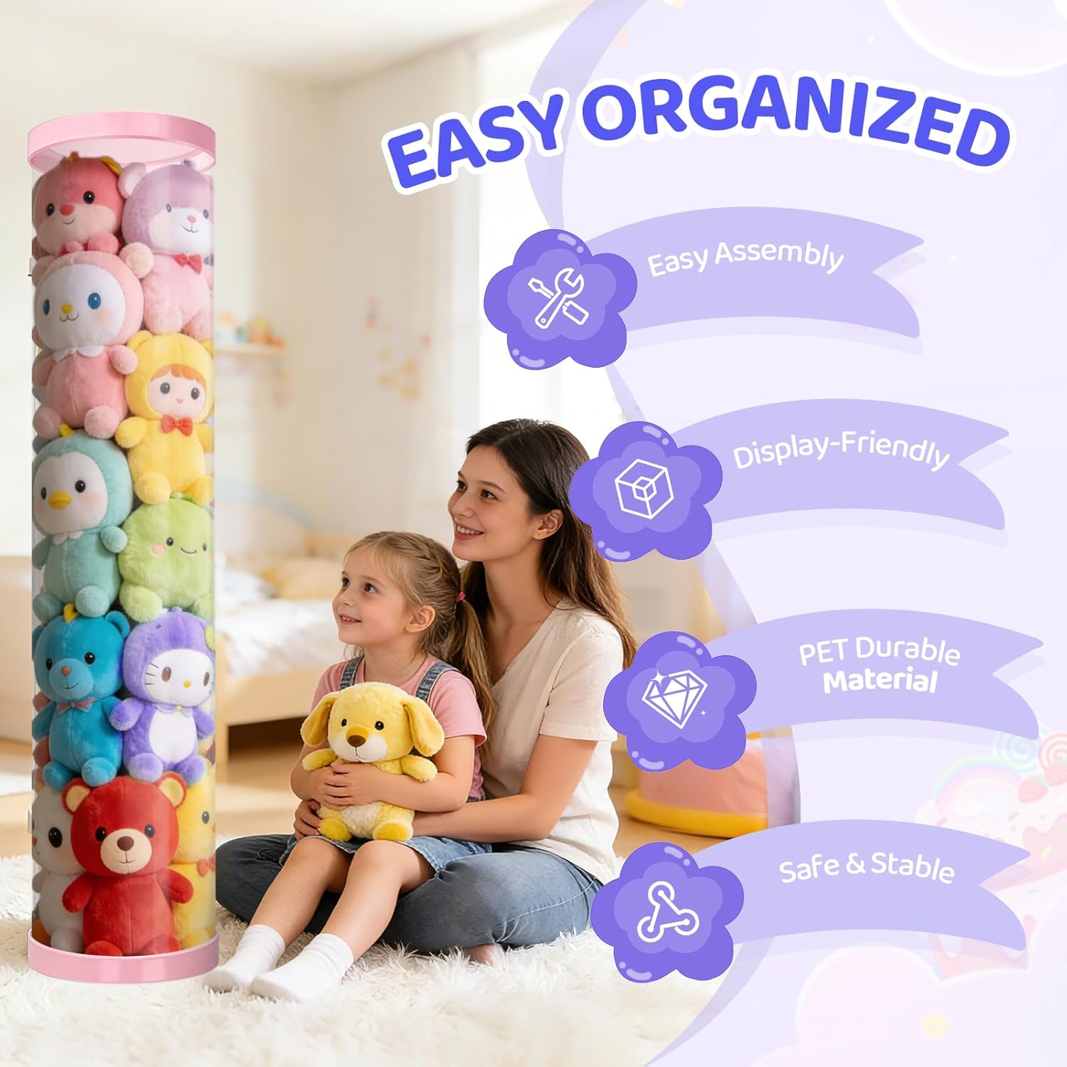 Stuffed Animal Storage Tube, 47x11 Inch Large Capacity Toy Storage Organizer with Zipper - Easy Assembly & Space Saving for Plush Toys, Ideal for Playrooms Living Room Bedrooms Cute Pink