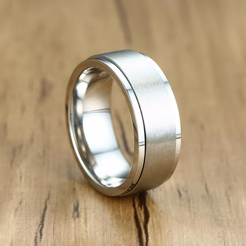 Miniatura 5 de Anillo giratorio para hombre, anillos de ansiedad de acero inoxidable de 0.315 pulgadas para hombres y mujeres, alivio de la ansiedad, plateado,