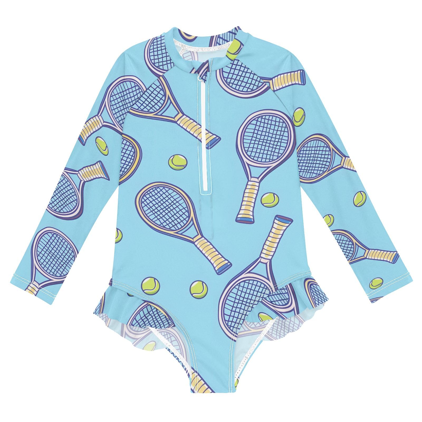 ALAZA Girls Bathing Suit Long Sleeve Rash Guard for Girls Tennis Racket Blue UPF 50+ 7-8T