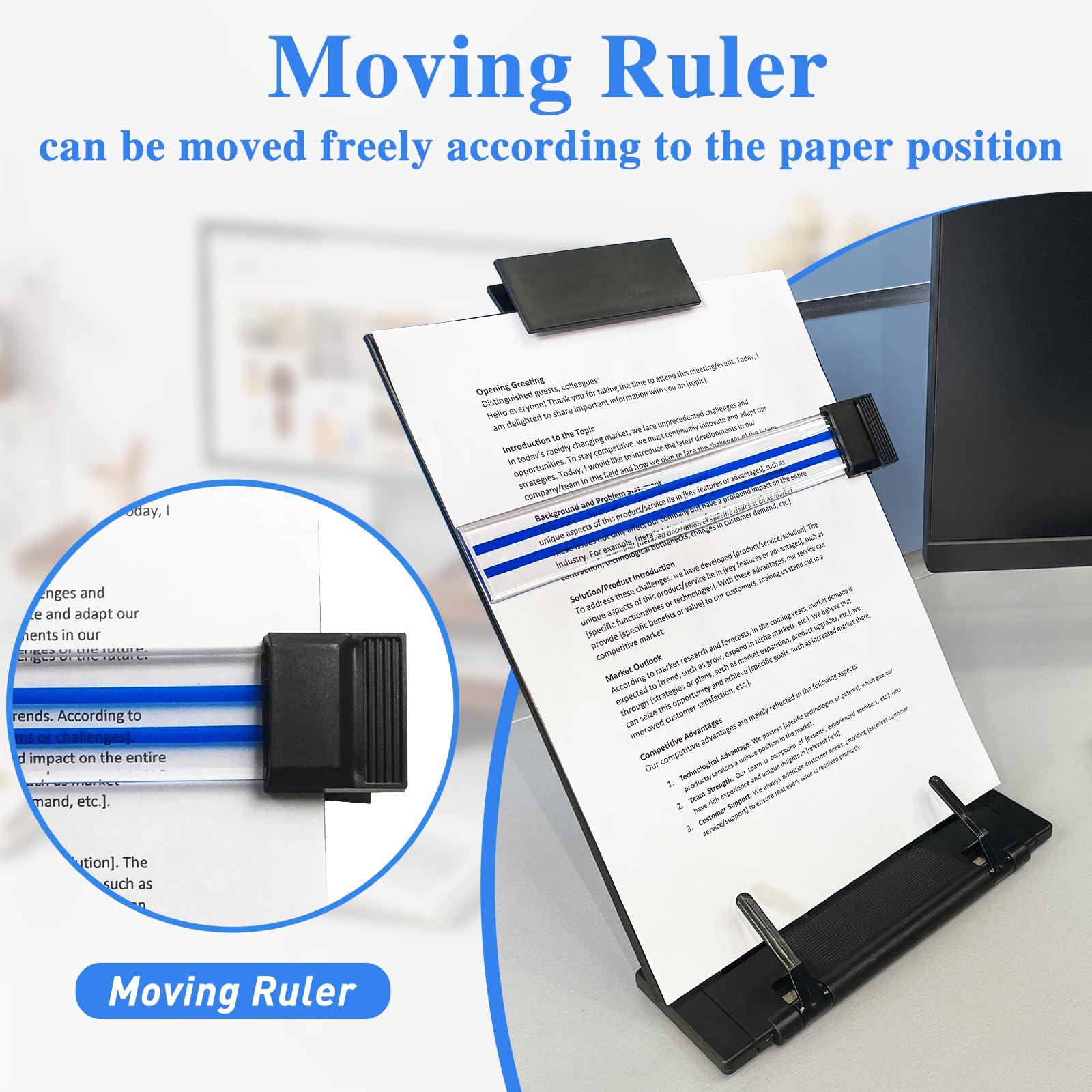 Document Holder Paper Stand, Desk, Typing, 7 Speed Adjustable, Black Metal