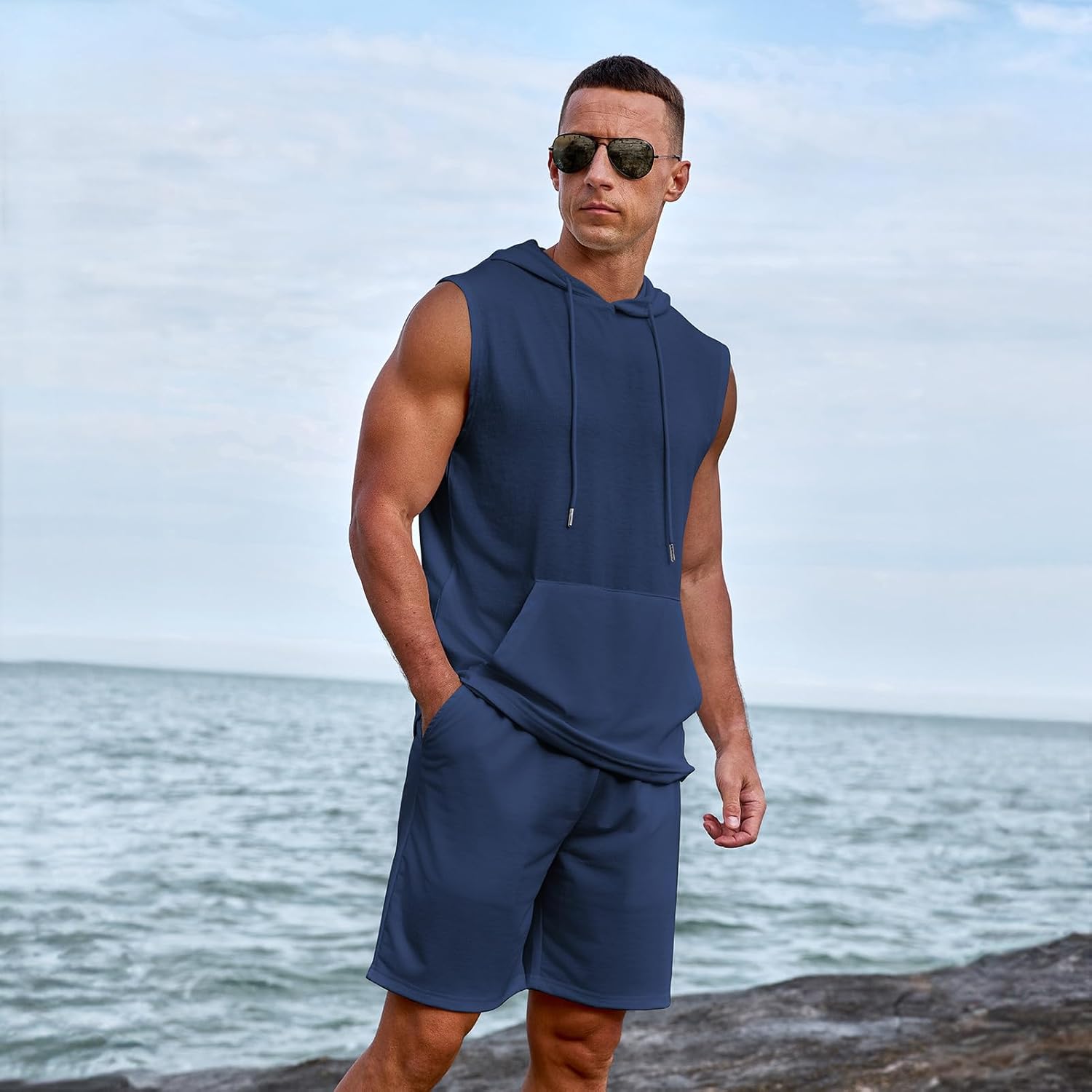 Uni Clau Men's Short Sleeve Summer Tracksuit Hooded Tanks Tops Sweatsuit 2 Piece Casual Sports Shorts Set - Image 3