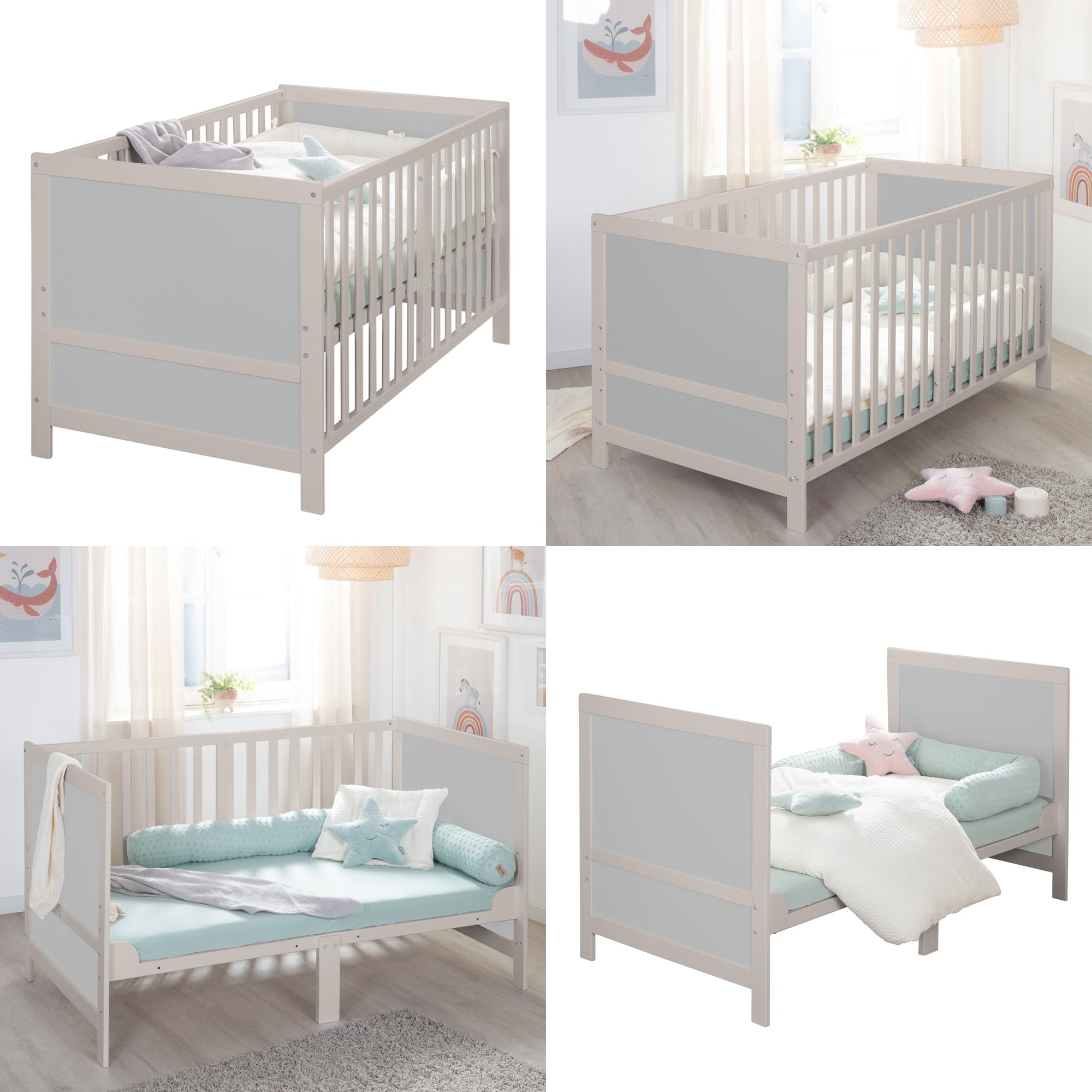roba Lettino Trasformabile EASY SLEEP - 70 x 140 cm - Elementi Convertibili Inclusi - Montaggio Rapido - Resistente e Moderno - 3 Altezze - Legno Laccato Grigio Chiaro