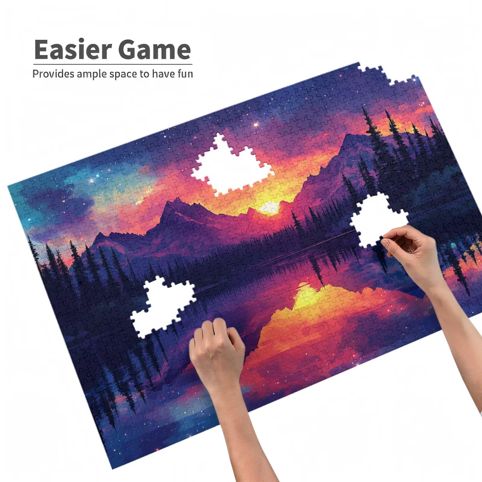 5000 sztuk puzzli dla dorosłych, kreatywne niemożliwe puzzle dla dorosłych początkujących, duża drewniana układanka z plakatem i pudełkiem do przechowywania, wystrój domu, motyw: zachód słońca i góry