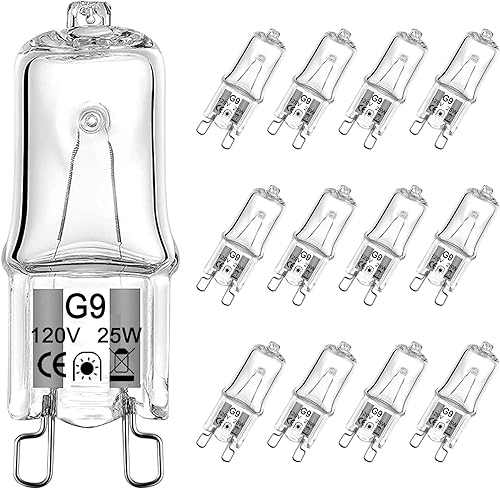 Bombilla halógena G9 de 25 W, 120 V, regulable, tipo T4 JCD (paquete de 12 unidades), base G9, blanco cálido, 2700 K, xenón, pequeña bombilla para
