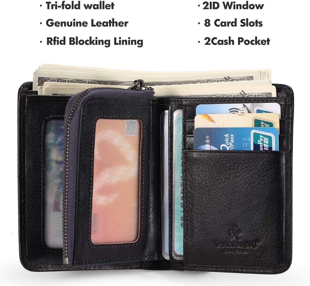 MANBANG Mens Wallet Zipper Genuine Leather RFID Card Holders Cowhide Zip Coin Pocket Bifold wallets for men