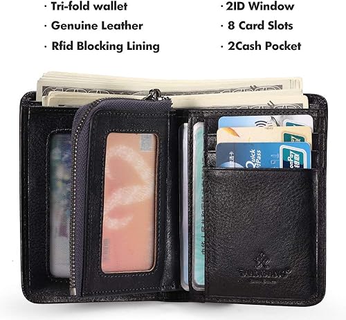 Miniatura 2 de Billetera para hombre con cremallera de cuero genuino RFID tarjeteros plegables de cuero vacuno con cremallera para monedas para hombres marrón