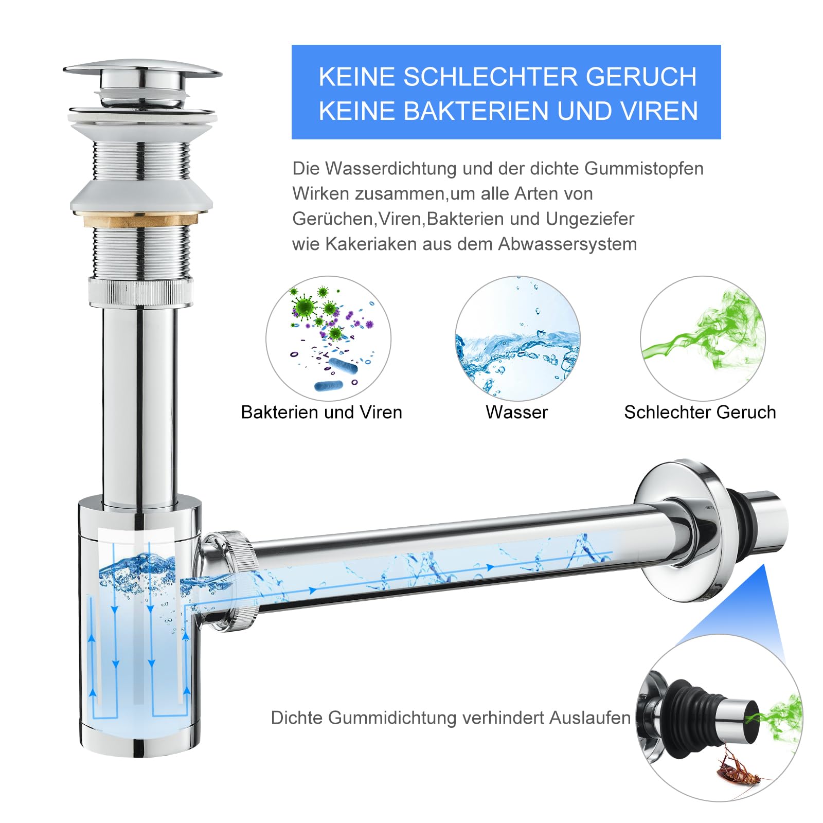 Rubinetto Scarico Lavandino Con Troppopieno - Sifone Flessibile Nero In PVC, Per Bagno O Cucina - Foto 4