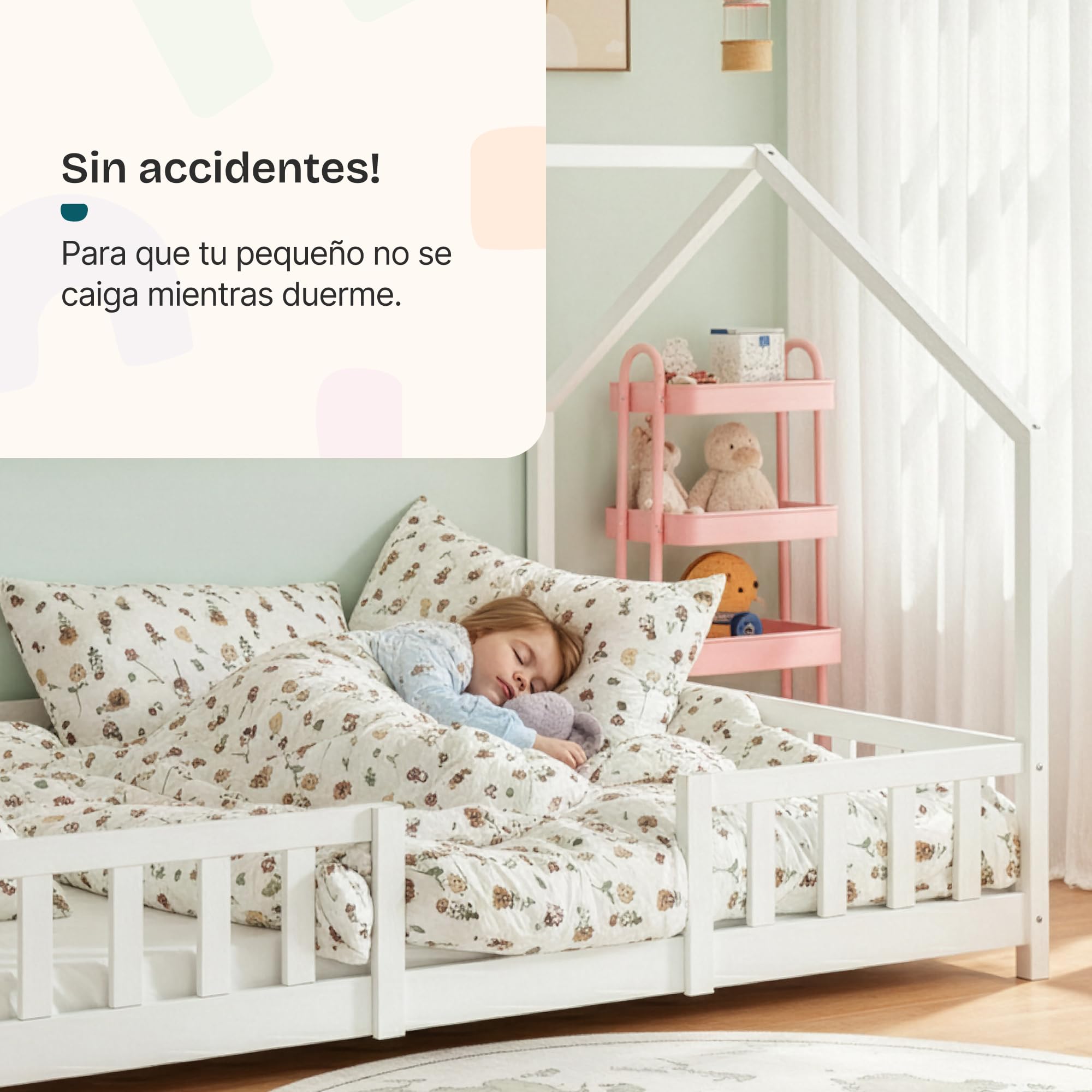 [en.casa] Cama para Niños Sisimiut de Madera Pino 120 x 200 cm Cama Infantil con Reja Protectora y Somier Forma de Casa Casita - Blanco