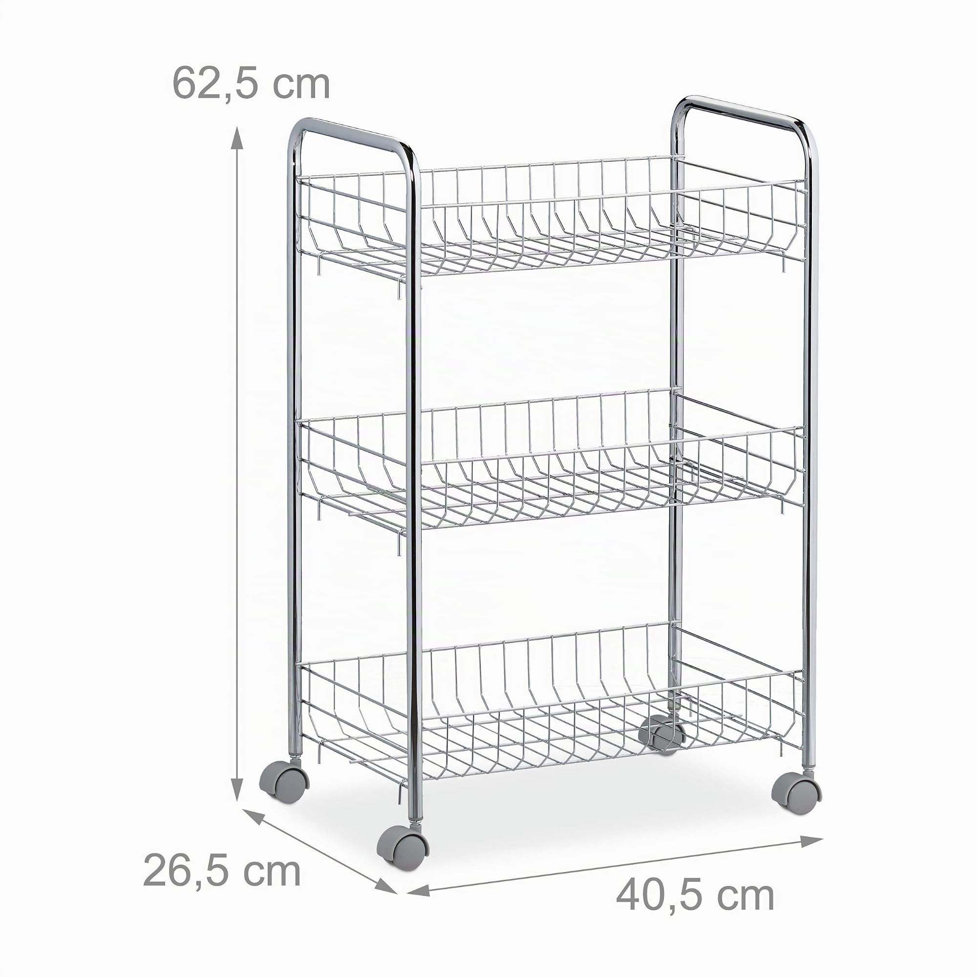 Relaxdays Carrito Auxiliar, 3 Estantes, 4 Ruedas, Carro Universal Cocina, Baño, Oficina, 62,5 x 40,5 x 26,5 cm, Plateado