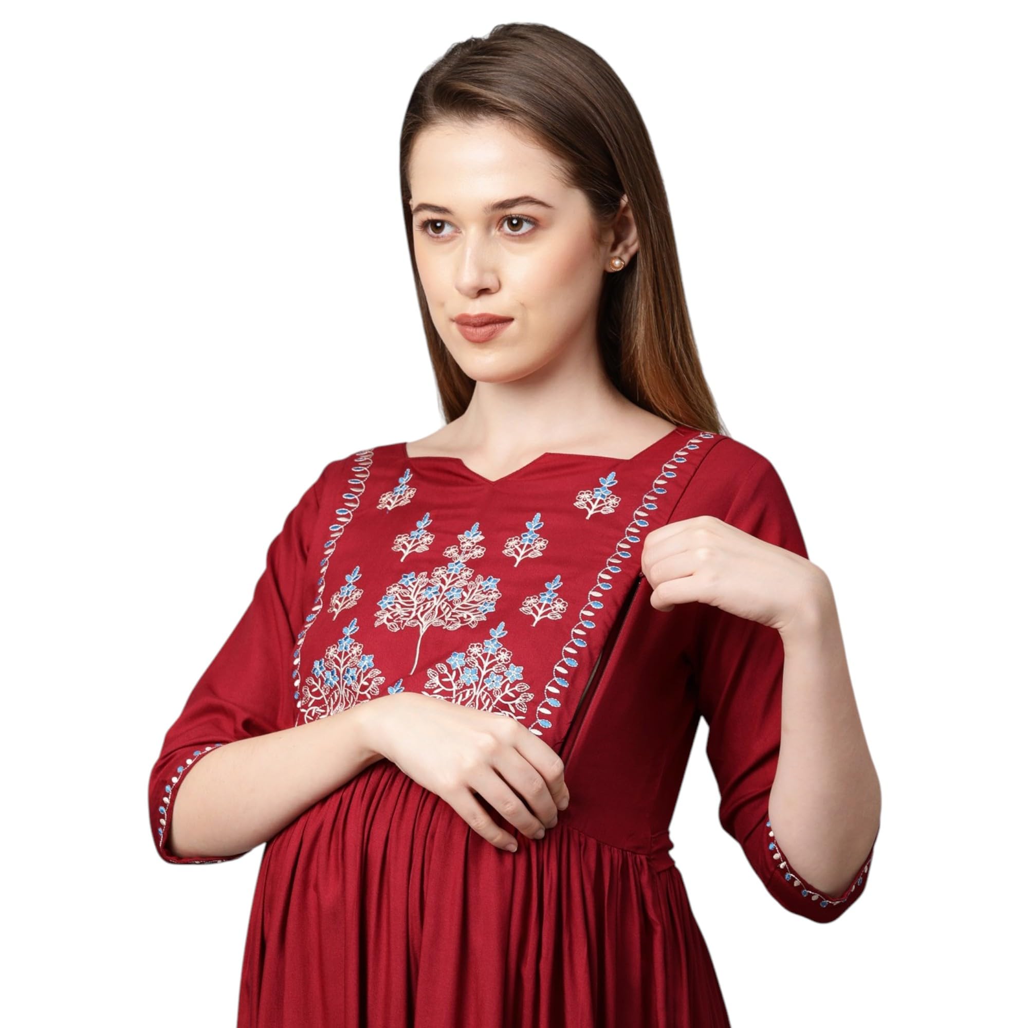 momtobe Women's Rayon Relaxed Fit A Line Knee Length Maternity Kurti/Feeding Kurti/Pregnancy Kurta/A-Line Ethnic Kurti with Zippers for Nursing Pre and Post Pregnancy - Embroidered Print-picture-49