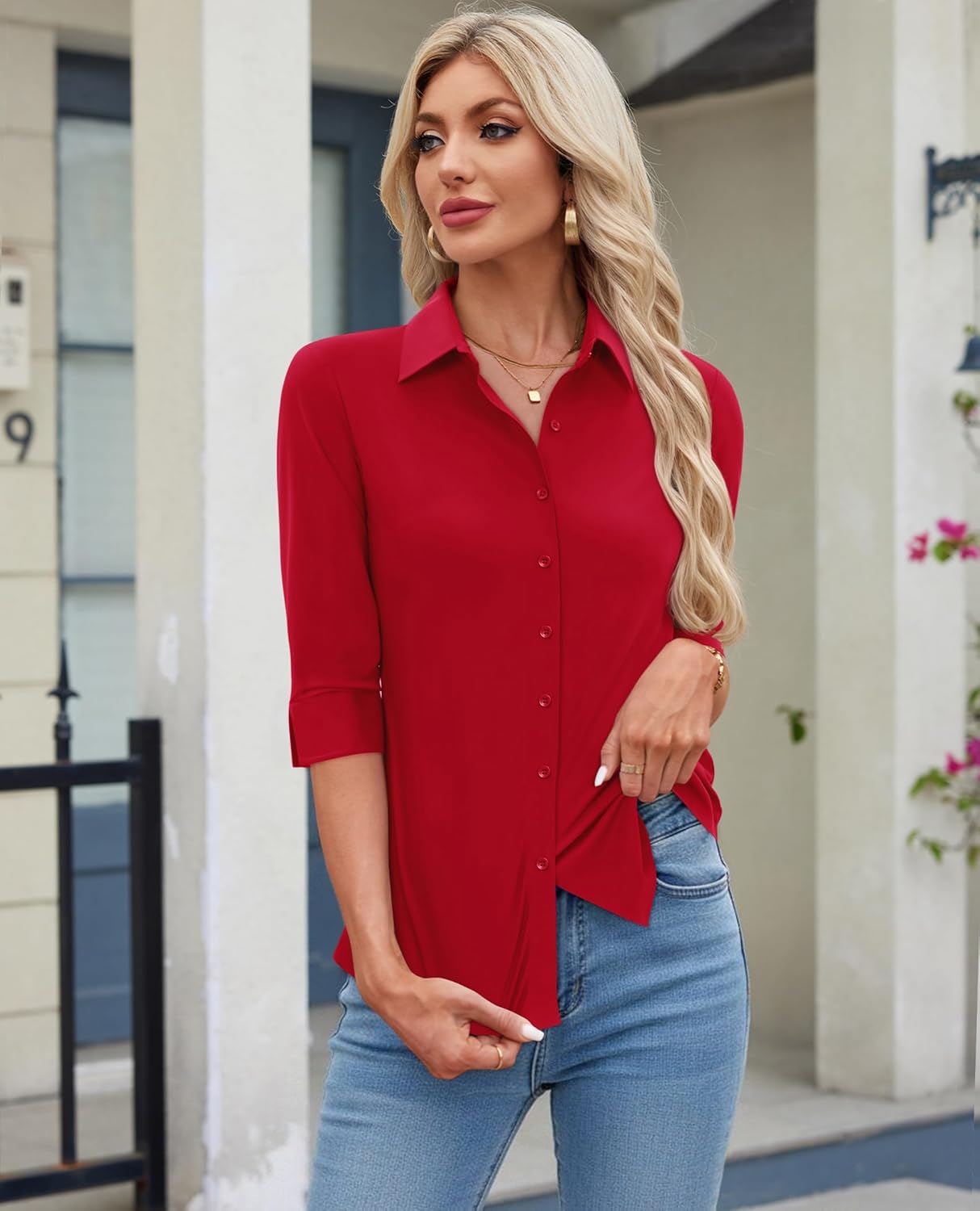 siliteelon Button Down Shirts for Women 3/4 Sleeve Stretch Fitted Dress Shirt Wrinkle Free Collared Business Work Tops - Image 4