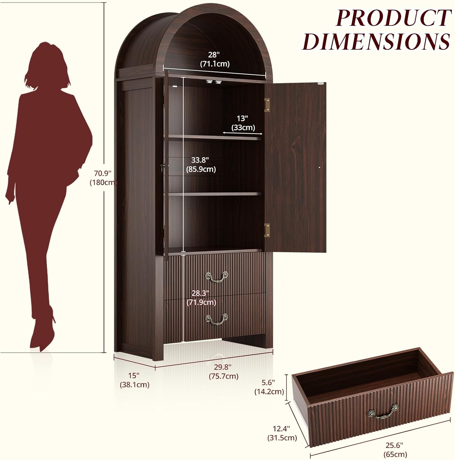 FURSUN 71" Arched Pantry Cabinet with Fluted Doors, Tall Storage Cabinet with 2 Drawers & Adjustable Shelves, Modern Wood Coffee Bar Cabinet for Kitchen, Living Room, Dark Walnut