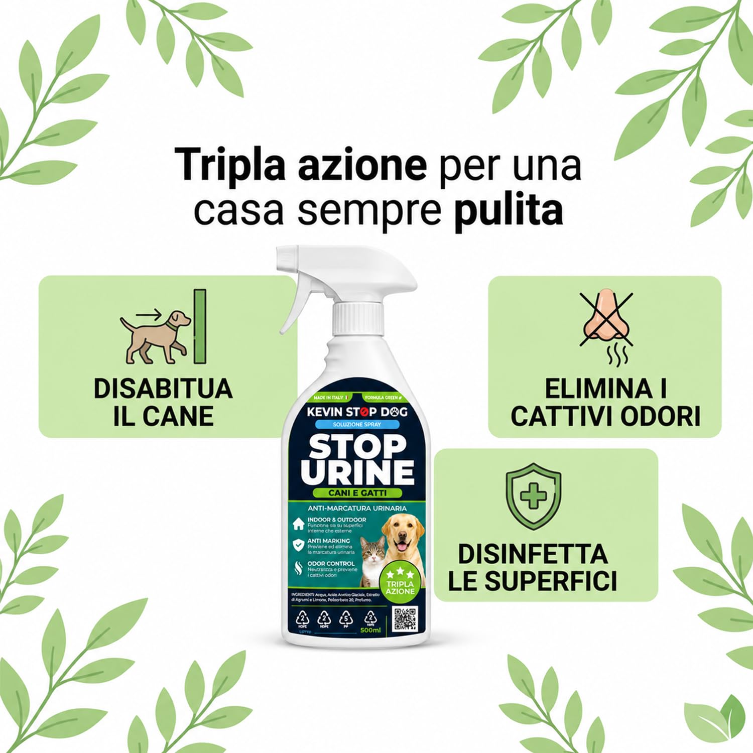 Repellente Cani e Gatti 1L - Flacone con Trigger Spray - Dissuasore Spray Anti Marcatura Urina Pipi per Esterni ed Interni - Disabituante Naturale - Elimina Odori - Made in Italy