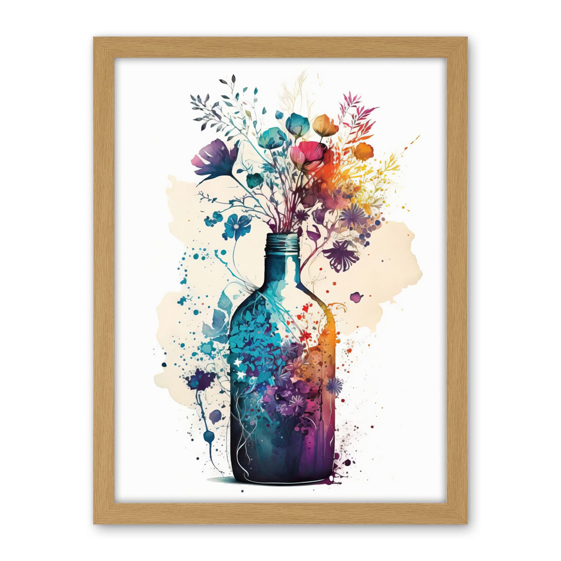 Artery8 Wildflower Spring Bouquet in Glass Wine Bottle Artwork Framed Wall Art Print 18X24 Inch