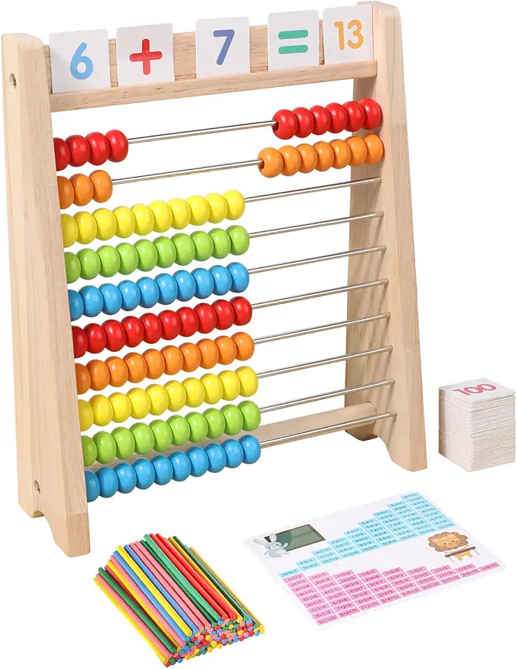 Wooden Abacus for Kids, Math Learning Tool, 10-Row Bead Frame with Counting Sticks, 1-100 Number Cards &amp; Math Symbols, Preschool Educational Toy for Toddlers 3+
