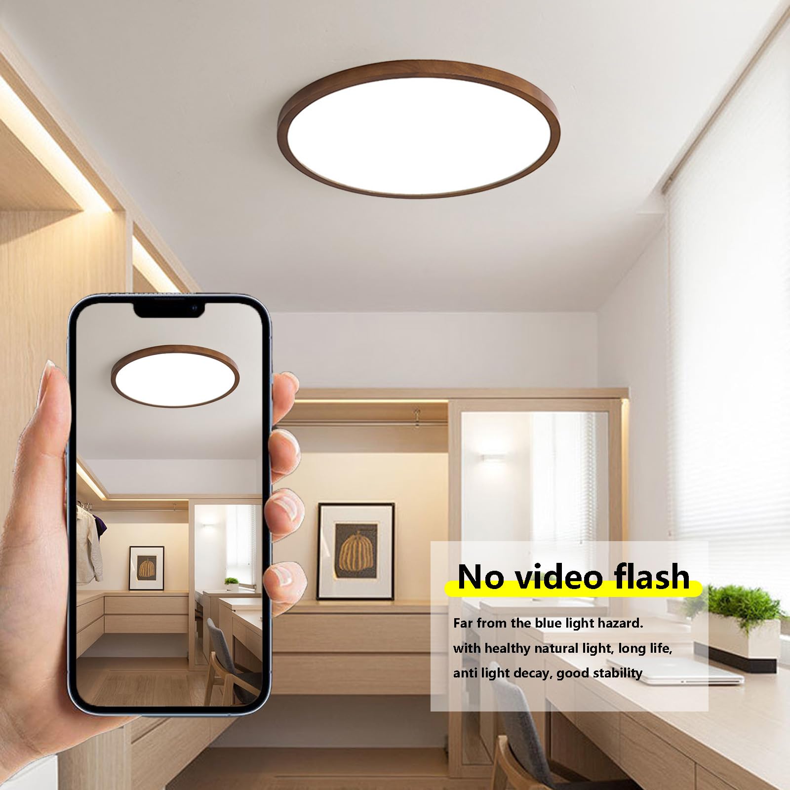 Madera Plafon LED Techo Redonda Plana Regulable 2700K-6500K Lámpara de Techo con Mando a Distancia Lámpara Techo Delgada Diseño para Salon Dormitorio Habitacion (Color Nogal,50cm)