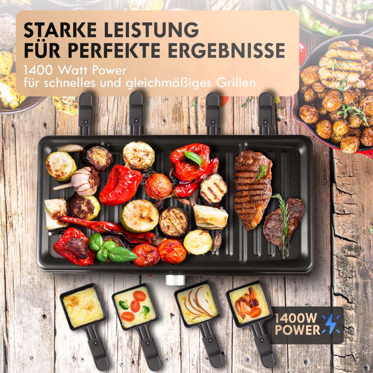 Clatronic® Raclette per 8 persone con piastra rimovibile | Raclette Grill con rivestimento antiaderente | incl. 8 padelle | Raclettes con alloggiamento Cool Touch | RG 3757