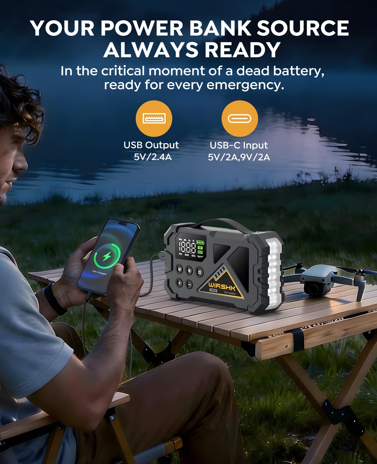 Avviatore di emergenza con compressore d'aria, 8000 A, 160 psi, portatile, 12 V, per tutti i motori a gas o diesel da 10,0 l, booster batteria con display LCD, luce LED e cavi di avviamento