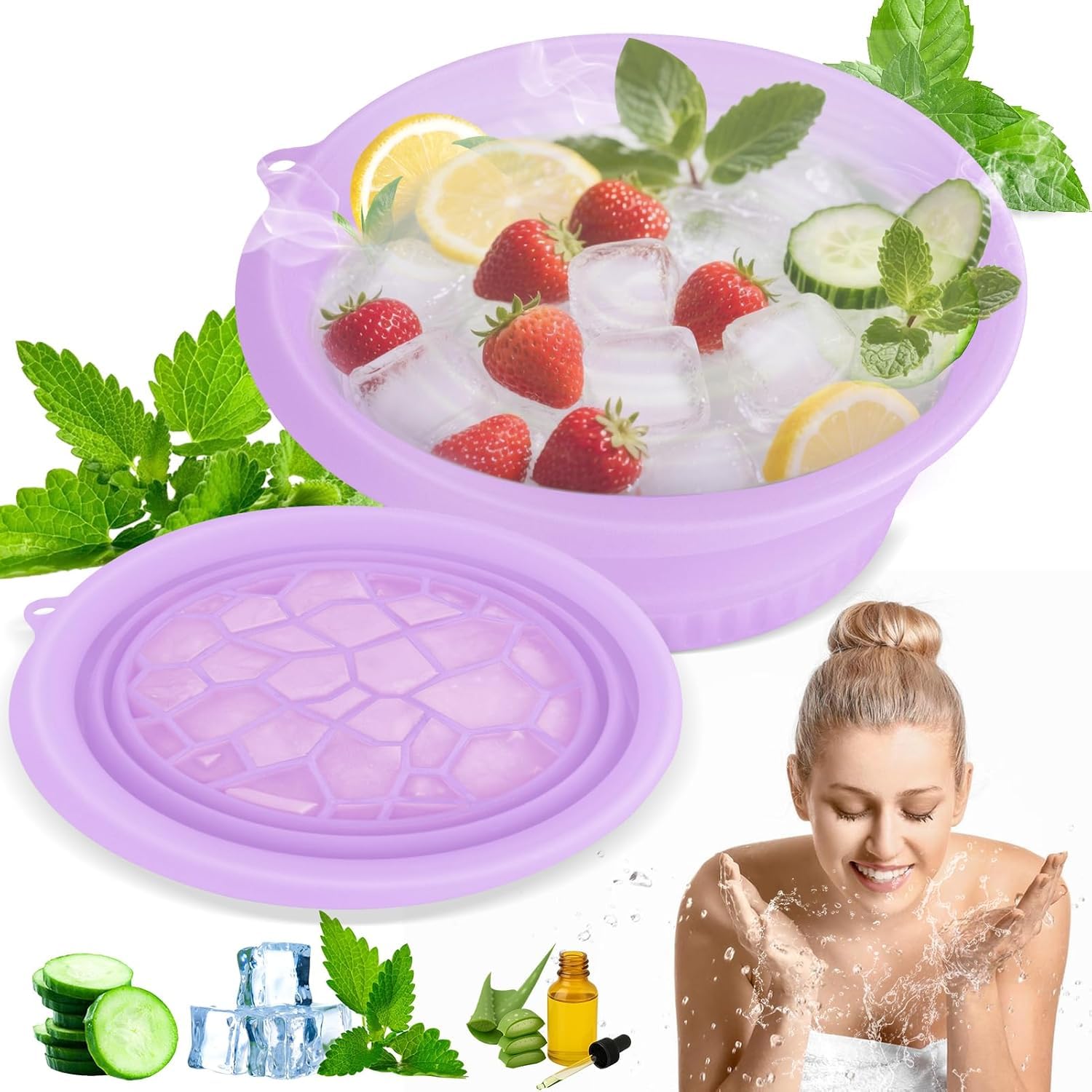 Premium Face Bowl for Ice with Built-in Ice Tray – Collapsible Silicone Facial Ice Bath Bowl for Cold Plunge Therapy, Skin Tightening & Acne Relief – Portable Spa Tool for Home & Travel with Hook (Purple)-picture-32
