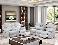 Vista 44 de Conjunto de sofá reclinable manual con mesa desplegable, 3 piezas de sofá reclinable de cuero negro, juegos de muebles para sala de estar, sofá