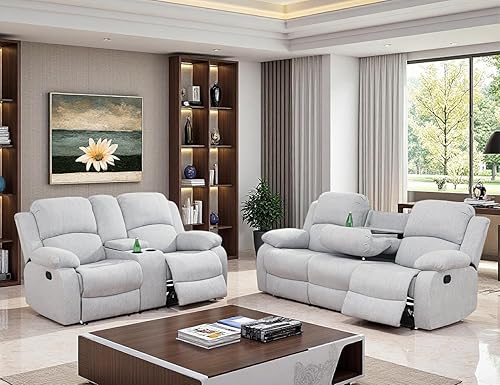 Miniatura 44 de Conjunto de sofá reclinable manual con mesa desplegable, 3 piezas de sofá reclinable de cuero marrón, juegos de muebles para sala de estar, sofá