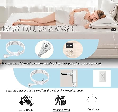 Miniatura 4 de Grounding Sheets - Sábanas conductoras de algodón orgánico, 10% fibra plateada con cable de conexión a tierra, sábanas para dormir, sábanas