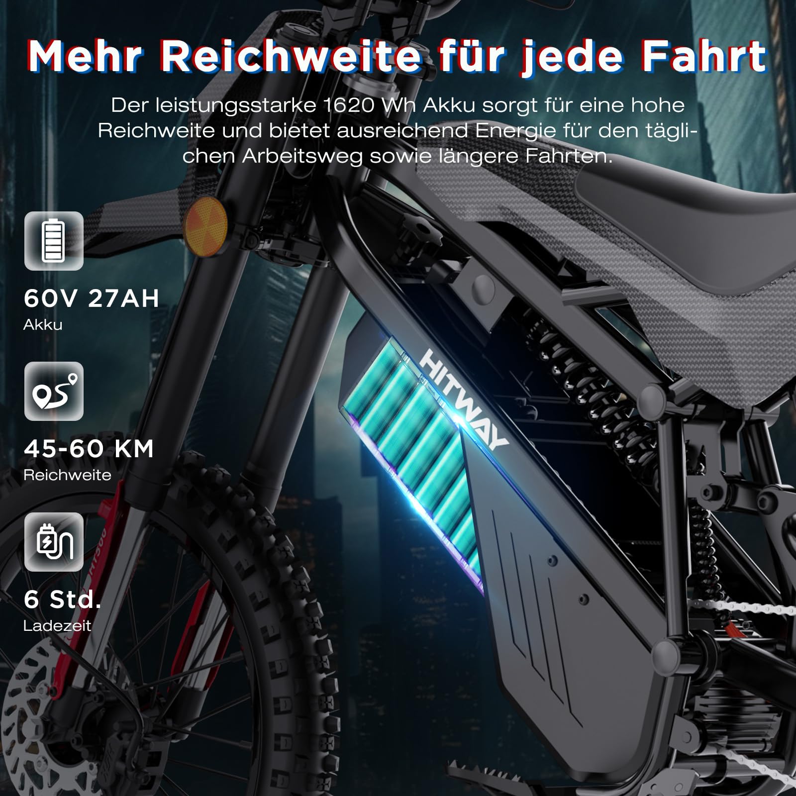 HITWAY HT500 Elektrisches Offroad-Motorrad, 4000W Spitzenleistung bürstenloser Motor, 60V 27Ah Lithium-Akku, bis zu 45 km/h, 45–60 km Reichweite, hydraulische Scheibenbremsen, EEC-zugelassen mit COC