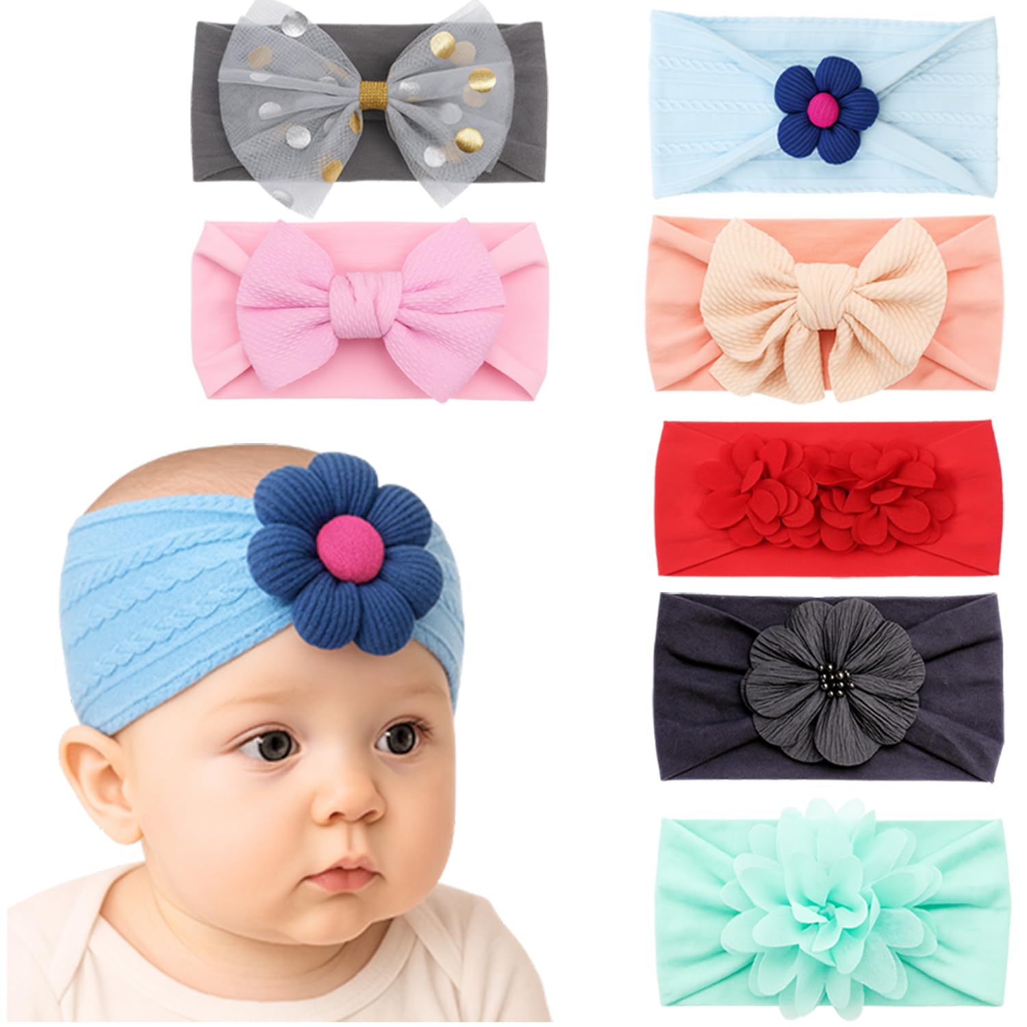 ANNA CREATIONS 7 Pcs Baby Headbands for Girls & Boys, Soft Stretchy Hair Bands with Bow, Flower and Knot Design, Comfortable and Stylish Hair Accessories for Newborn, Infant and Toddler Babies-image-45
