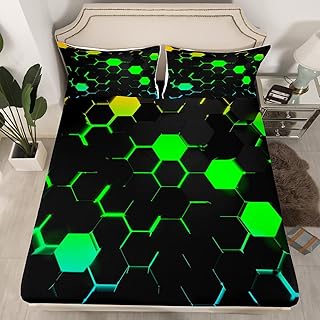 Honeycomb Bedding Fitted Sheet Queen Size,Kids Geometry Hexagon Bedding Sets Green Yellow Neon Lights Bed Sheet,Boys Teen Man Chic Creative Home Decor Deep Packet Sheet 3Pcs with 2 Pillowcases,Black