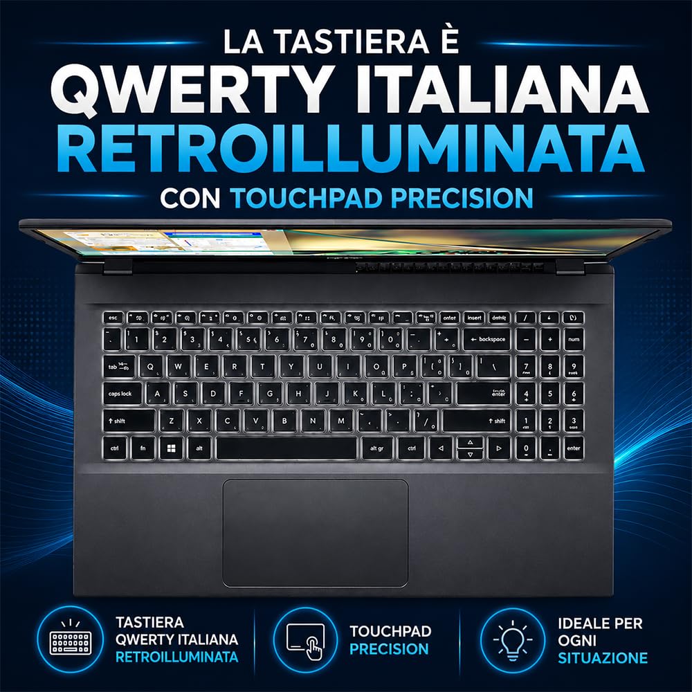 Acer Notebook Intel i7-1255U 10 Core 32GB RAM SSD 1TB 15.6" Full HD | 4.7GHz, Nvidia Geforce RTX 2050, Tastiera retroilluminata, Wi-Fi 6, Win 11 pronto all'uso