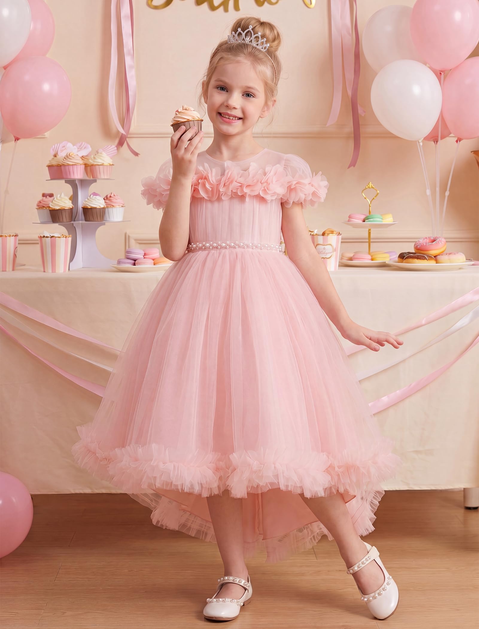 Odizli Mädchen Blumen Off Shoulder A-Linie Vokuhila Prinzessin Kleid Festlich Hochzeit Blumenmädchenkleider