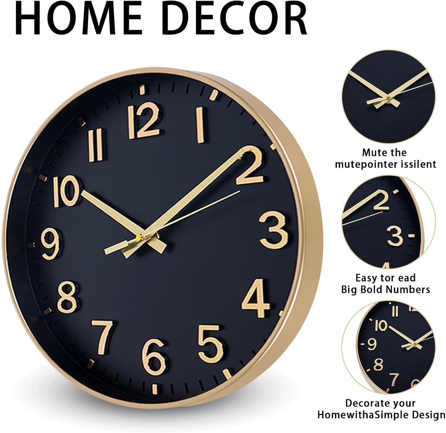 HZDHCLH Wall Clocks Battery Operated,Wall Clock Black Gold,14 inch Wall Clock Silent Non Ticking Modern 3D Numbers for Kitchen Bedroom Living Room Office Classroom Decor