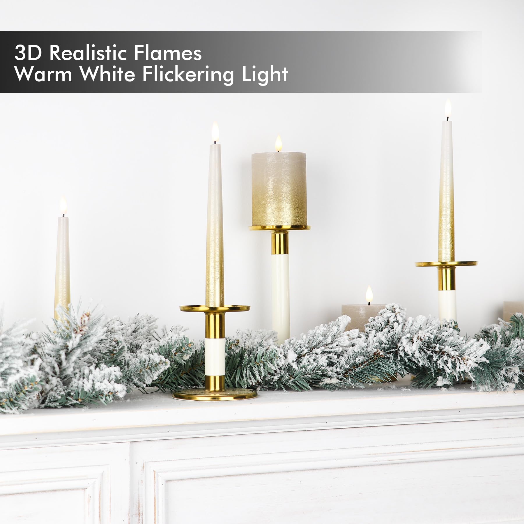 Fanna 9.6” Flameless LED Taper Candles – Set Of 4, Real Wax, Remote Control, Timer, Sand Grey/Gold, Batteries Included