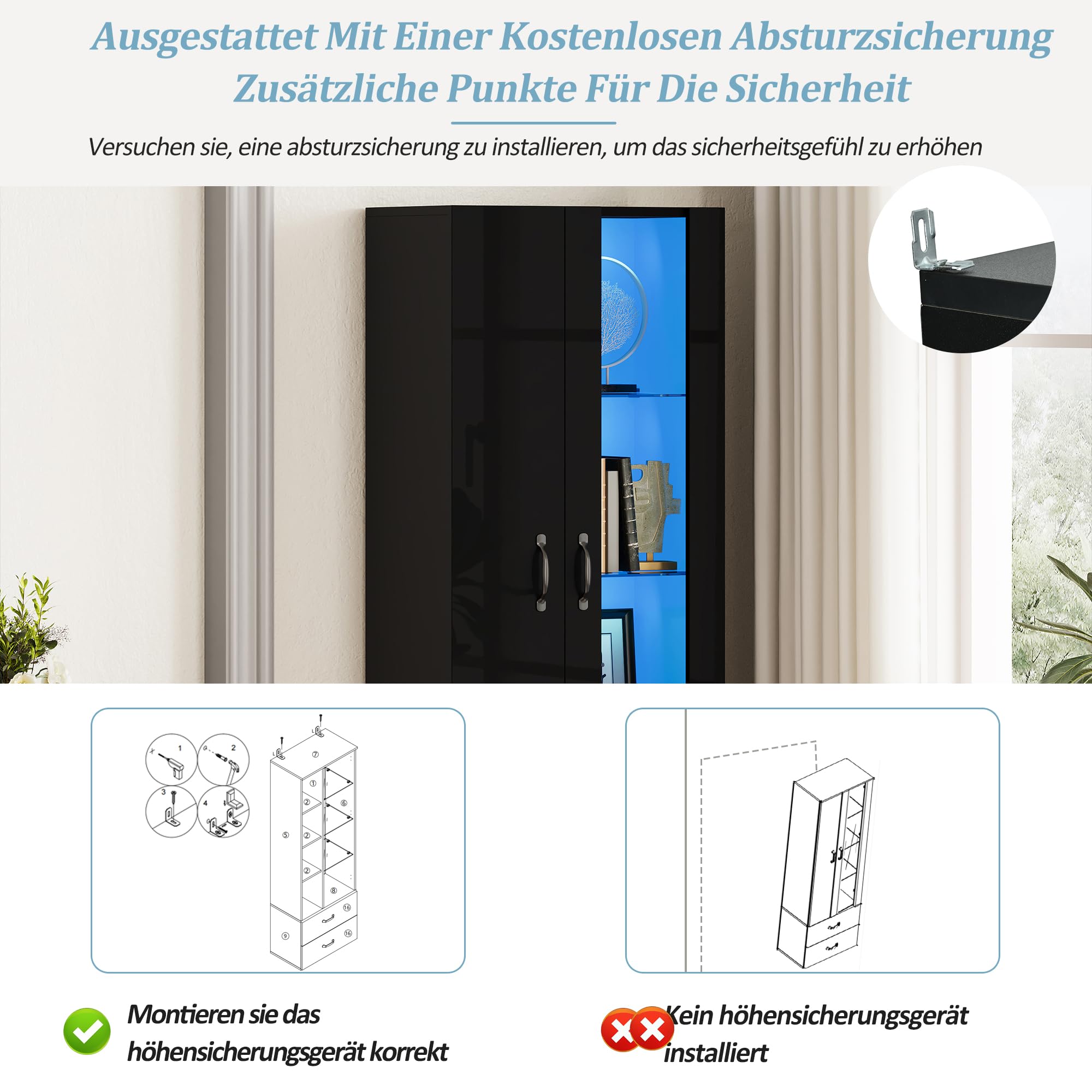 Vitrina de pie con 2 puertas y 2 cajones, vitrina de cristal con iluminación LED, armario multifunción para armario de salón y comedor (negro, 60 x 35 x 182,5 cm)
