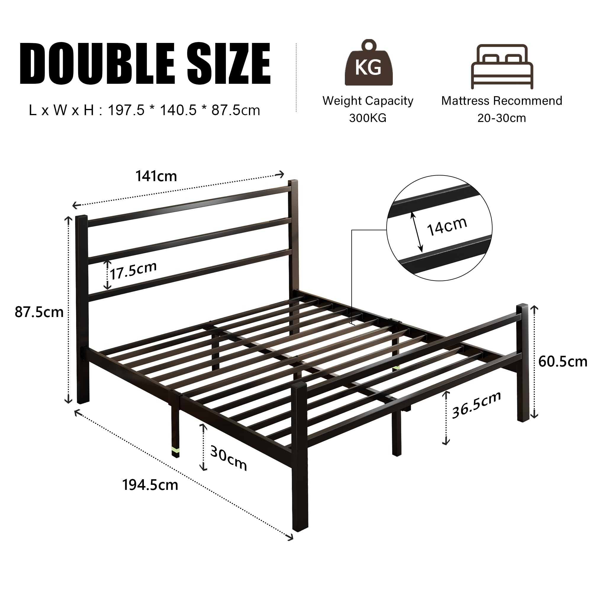 iPormis Double Bed Frame,135 x 190 cm,with Headboard and Footboard,Metal Bed Frame,300 kg Weight Capacity - Image 2