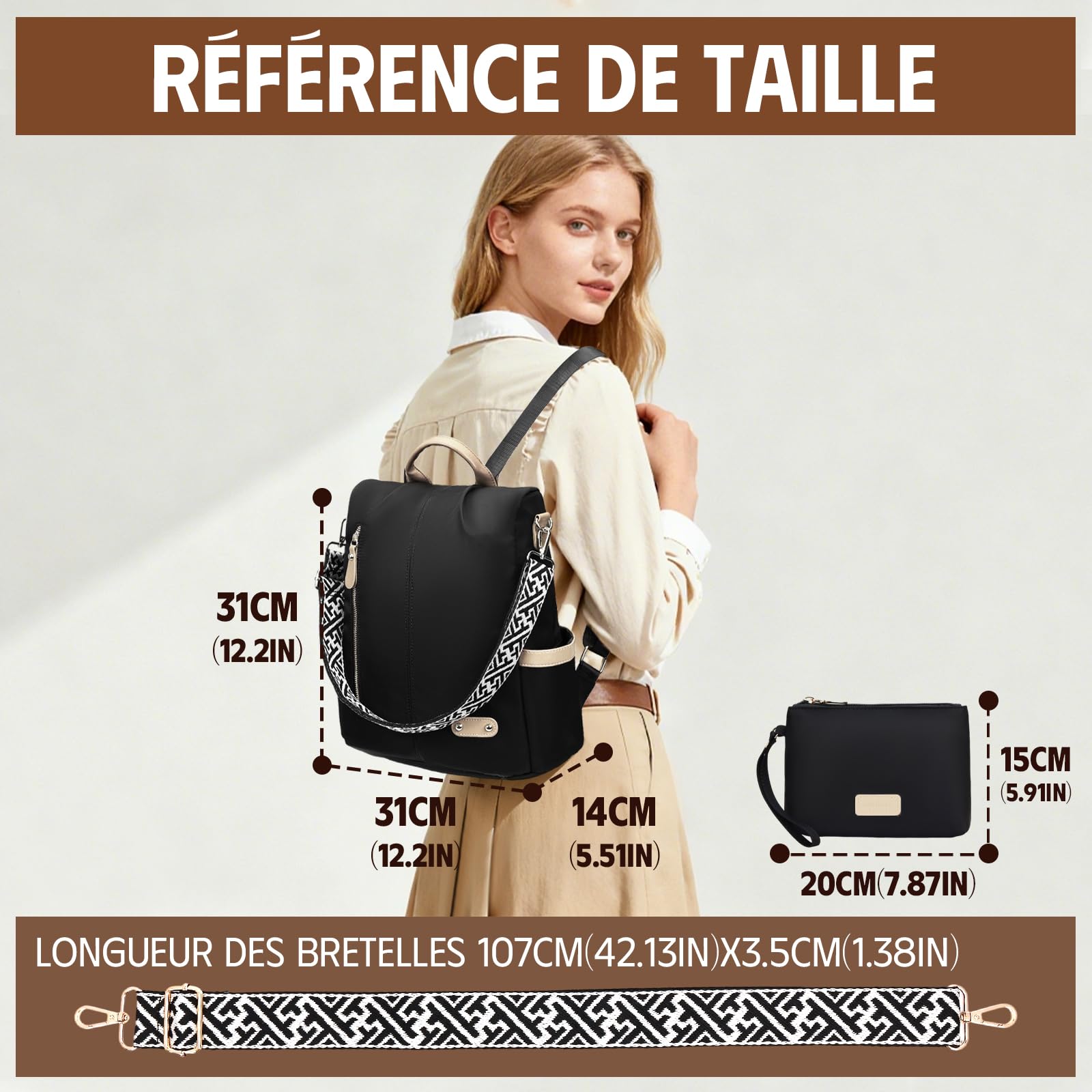 Sac a Dos Femme Antivol, Sacs à Main Portés Dos Elegant Leger, Petit Sac à Dos Impermeable Chic avec Étui Carte Bancaire Anti Piratage & Pochette pour Voyage Ville Balades Transport en Commun